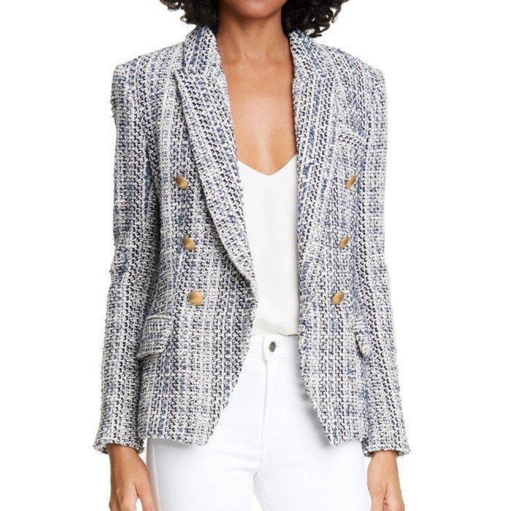 L'AGENCE Kenzie Double-Breasted Tweed Blazer Blue White Gold Button Business 8